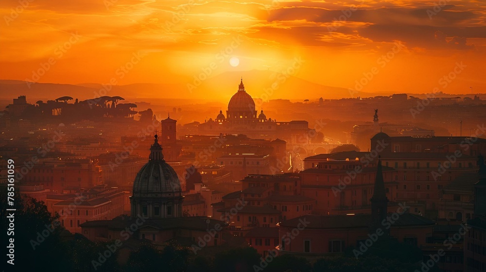 a sunset shines brightly over the city skyline in rome
