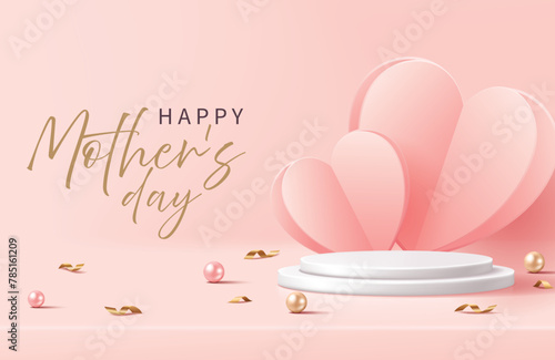 Mother's day banner for product demonstration. White pedestal or podium with hearts on pink background.
