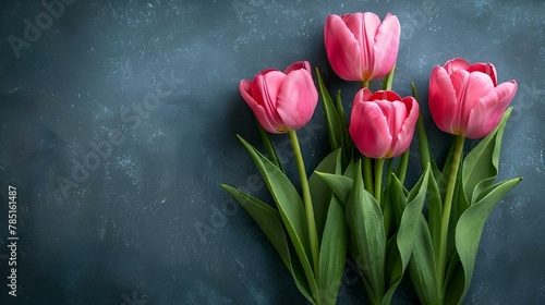 AI-generated illustration of pink tulips on a dark gray background with copy space