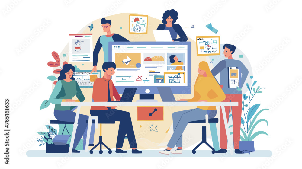  Business team of developers and designers collaborating to create an online store, e-commerce shop concept. Flat vector illustration of cartoon characters working together in partnership