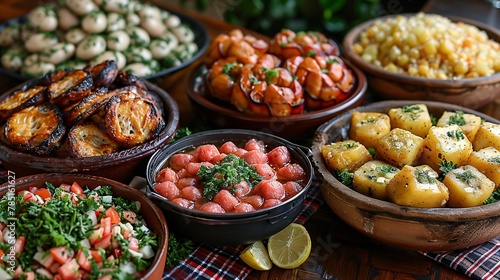 Traditional Brazilian June festival cuisine on a checked cloth. © ckybe