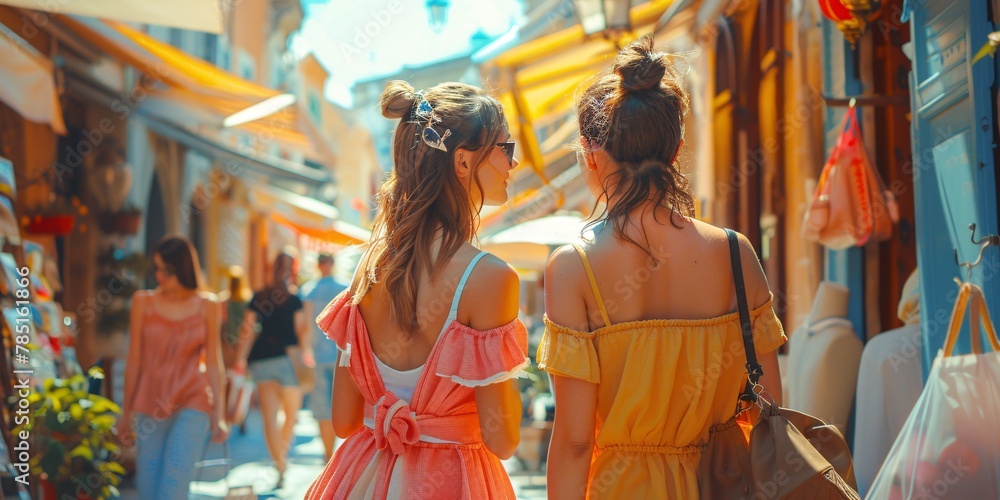 Obraz premium Stunning ladies enjoying leisure time together at the weekly bazaar, exploring the historic city and indulging in some retail therapy on a sunny day.