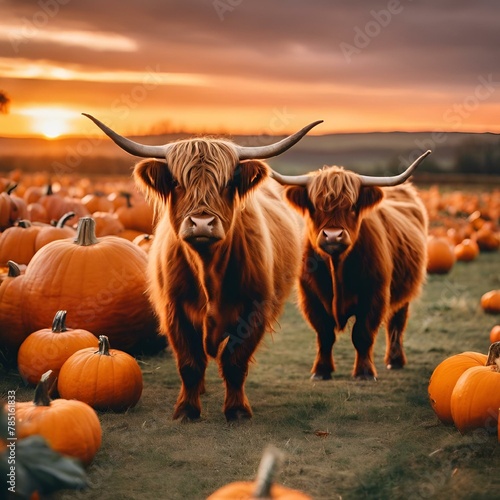 AI-generated illustration of two highland cows in a field surrounded by pumpkins photo