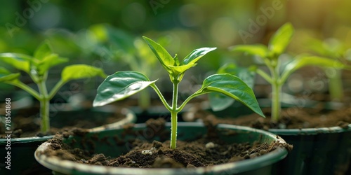 Small green pepper plants are sprouting in circular plastic pots filled with earth, centered around gardening and cultivating produce.
