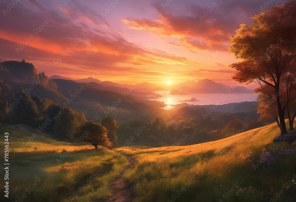 AI generated illustration of the sunset over hills and trees in a scenic painting