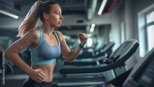Focused woman jogging on treadmill