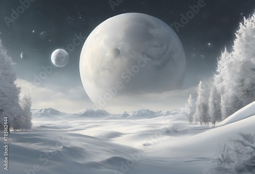 AI generated illustration o extraterrestrial planets hover over a snowy terrain photo