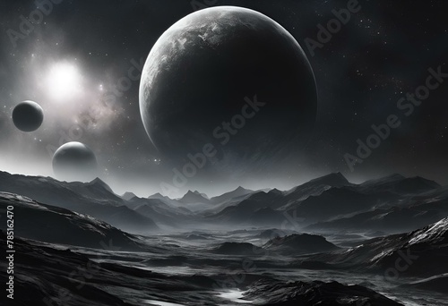 AI generated illustration of planets shining in the moonlit sky above a mountainous terrain