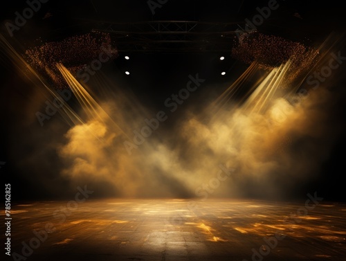 Gold stage background, gold spotlight light effects, dark atmosphere, smoke and mist, simple stage background, stage lighting, spotlights