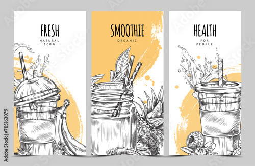 Vector set of illustrations of fruit smoothies in bottles and plastic cups on white background