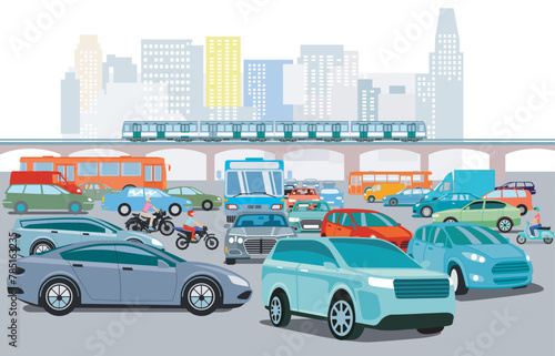 Fototapeta Naklejka Na Ścianę i Meble -  Stadtsilhouette einer Stadt mit Verkehrs-Stau  illustration