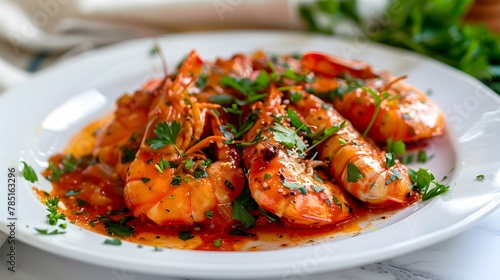 Aragosta Fra Diavolo served on a white plate with a garnish of fresh parsley