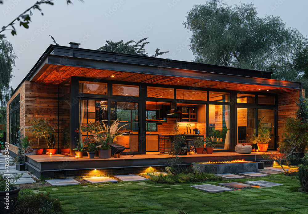 Picture of Small modern house with glass windows and sliding doors, large wooden ...