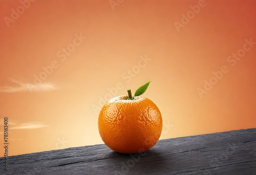 an orange that is sitting on a table with a sky background