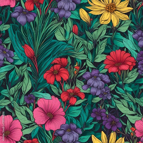 AI generated illustration of abundance of flowers with lush green leaves