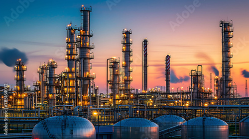 Oil​ refinery​ and​ plant and tower column of petrochemistry industry in oil​ and​ gas​ ​industrial with​ sky the sunset background​