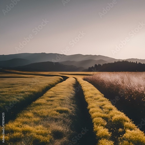 AI generated illustration of a grassy field with distant mountains and winding road