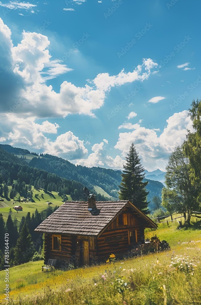 AI generated illustration of a quaint cottage on a hill overlooking lush green landscapes