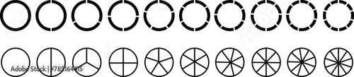Segmented circle icons set isolated on a transparent background. Various number of sectors divide the circle on equal parts. Black thin outline graphics circle sector for visualization of infographic.