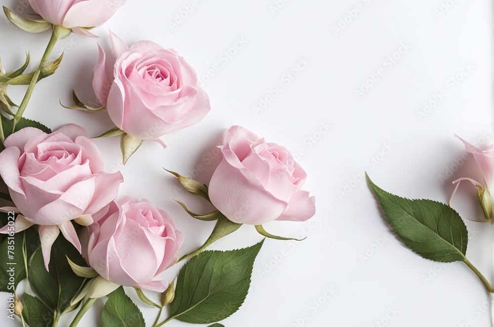 Decorative web banner featuring a close-up of blooming pink roses and petals on a white table. Top view of a floral frame composition with empty space. Decorative web banner featuring a close-up of blooming pink roses and petals on a white table. Top view of a floral frame composition with empty space.