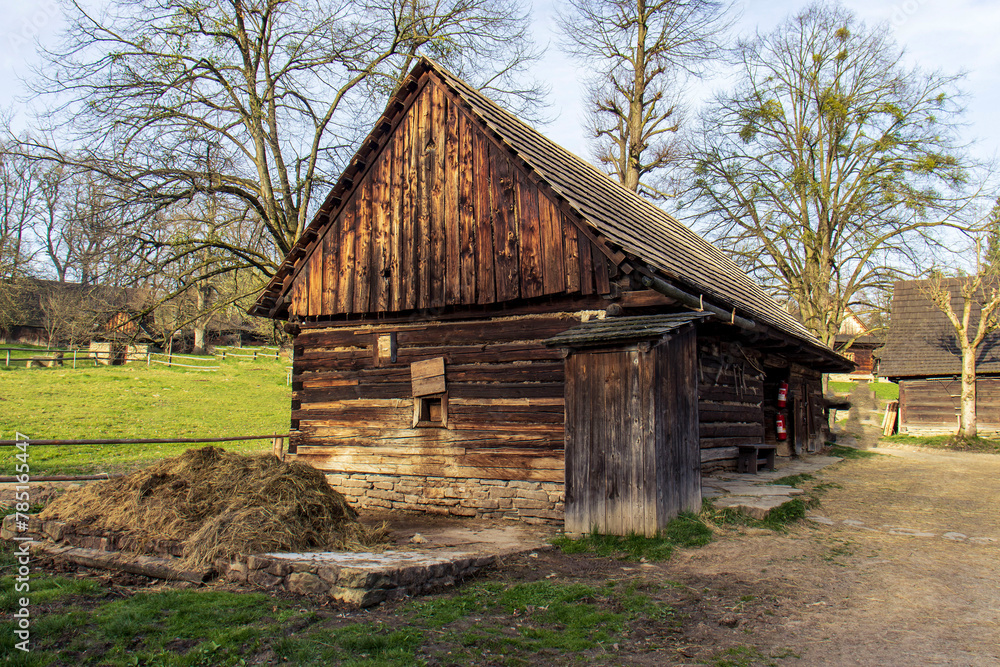 Obraz premium Old wooden barn in a historic wooden town. Trees and green grass. Nature around the wooden barn.