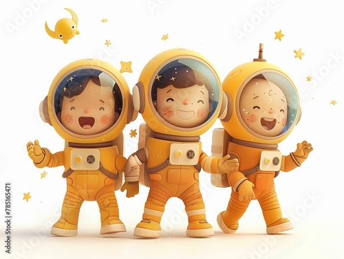 Young space explorers landing on a comet, collecting star dust and dancing in zero gravity isolated on white background clipart