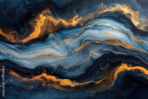 Abstract Blue and Gold Painting, Highquality photo of dark blue waves with golden swirls. Created with Ai photo