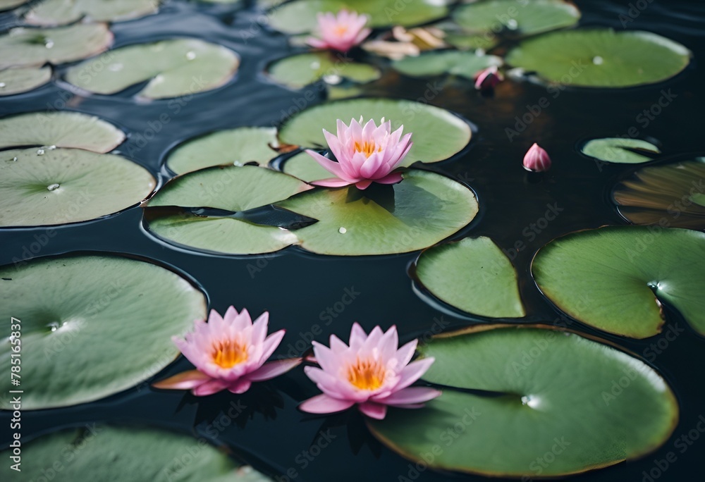 AI generated illustration of lily flowers and leaves floating on water
