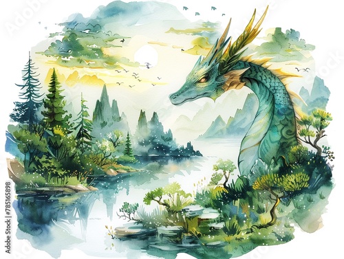 A gentle watercolor painting of a mythical creatures summer migration, a journey through fantastical landscapes Isolated on white background clipart  isolated on white background clipart photo