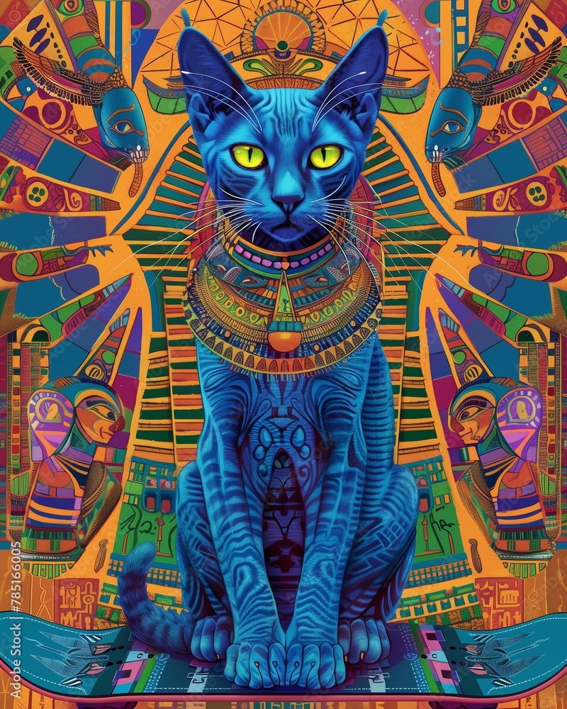 Feline with an Egyptian motif on the orange backdrop, AI-generated.