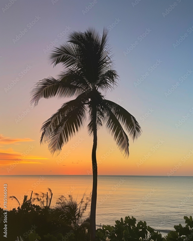 Palm tree stands by the shoreline, AI-generated.