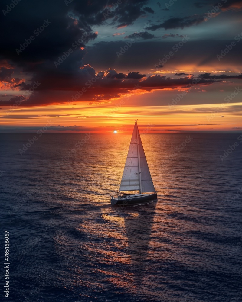 Sailboat on the ocean at sunset, AI-generated.