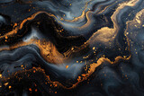 A closeup of swirling black and gold marble patterns, resembling an abstract river with water splashes and golden specks. Created with Ai