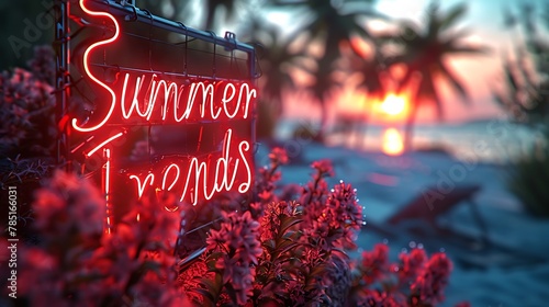 "Summer Trends" portrayed in bold red font against a pristine white background, symbolizing passion and vitality, captured in mesmerizing 16k cinematic photography.