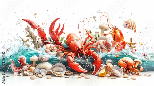 A lively depiction of a seafood market by the ocean, with 3D cartoon characters choosing their meal against a watercolor backdrop  isolated on white background clipart