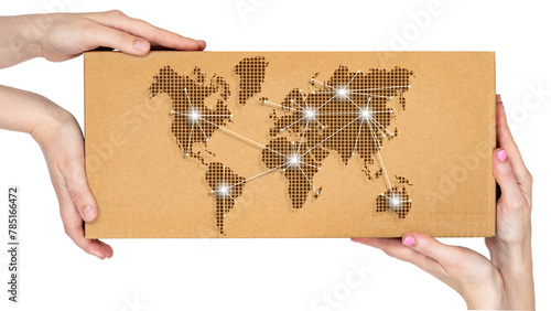 Logistics world map. Box in people hands. Map of continents with supply chains. Parcel from logistics company. Cardboard box for delivery. Parcel on white background. Logistics of courier shipments