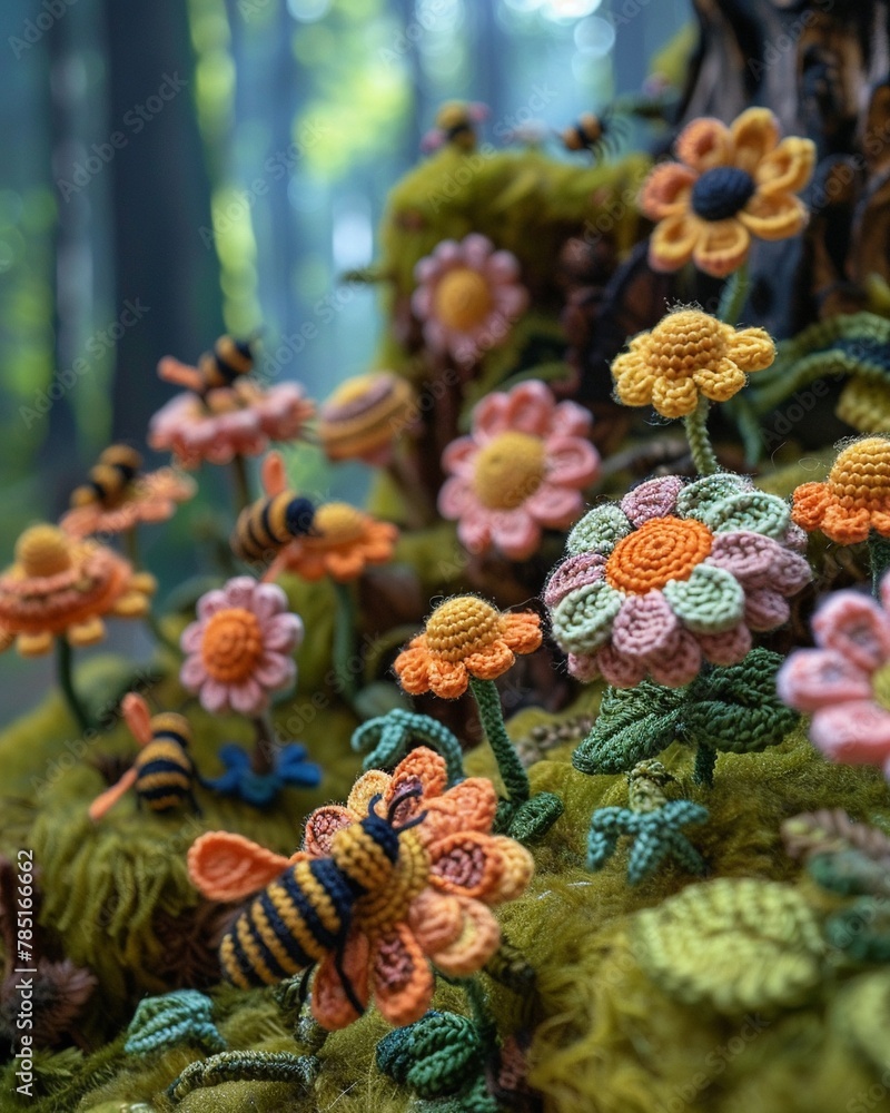 Miniature crochet amigurumi garden scene, detailed flowers and buzzing bees, soft green grass underfoot , cinematic