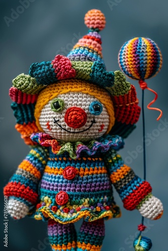 Joyful crochet amigurumi clown with colorful outfit and a tiny balloon, perfect for a childrens party scene , cinematic © NatthyDesign