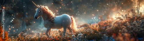 Magical crochet amigurumi unicorn, sparkling mane, celestial backdrop, captured in a moonlit glade , cinematic photo