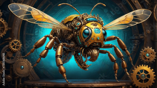 Futuristic steampunk insect, richly decorated with details in copper, gold coloured metal and green glass.