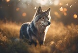 AI generated illustration of a wild, grey and black dog illuminated by light outdoors