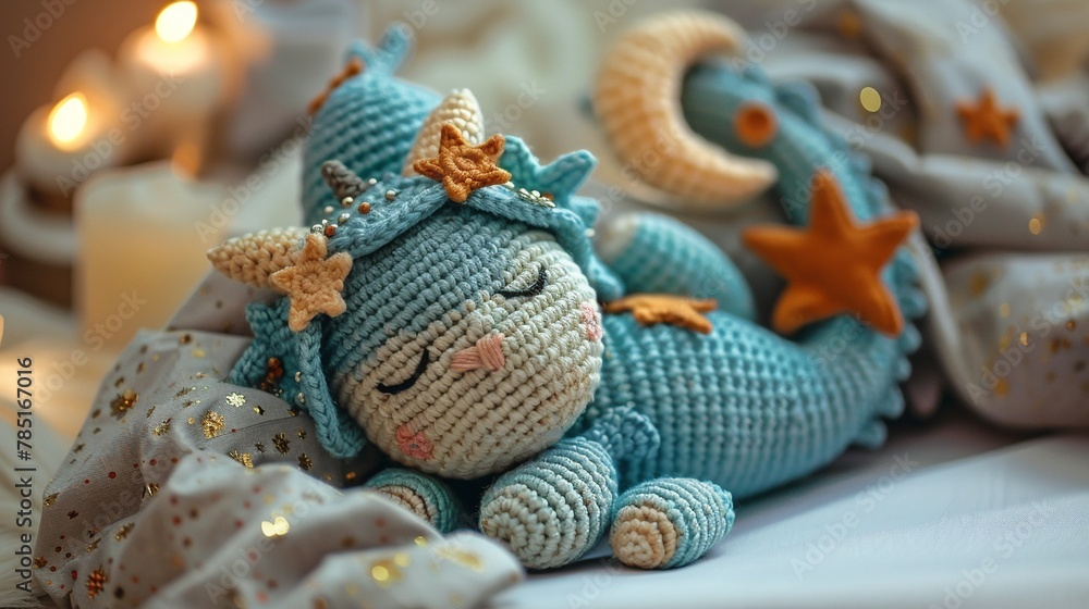 Sleepy crochet amigurumi baby dragon curled up with a nightcap under a crescent moon , cinematic