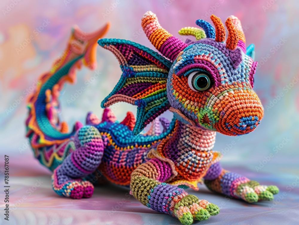Vibrant crochet amigurumi dragon, multicolored scales, whimsically posed on a pastel backdrop, intricate stitch detail , cinematic