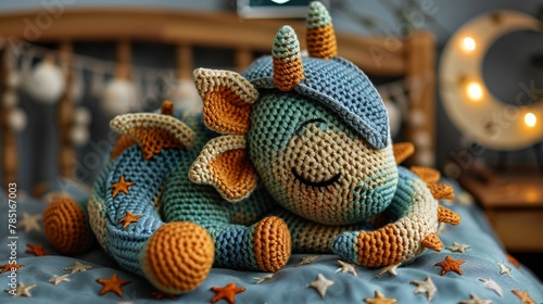 Sleepy crochet amigurumi baby dragon curled up with a nightcap under a crescent moon , cinematic photo