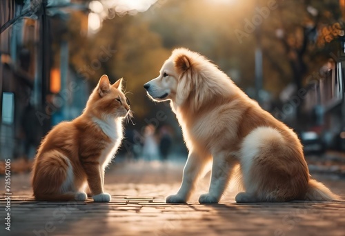 AI generated illustration of a dog and a cat making eye contact on a sidewalk