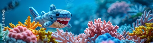 Underwater crochet amigurumi adventure scene with a shark and colorful coral reef, deep blue sea backdrop , cinematic