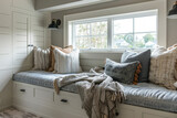 Bedroom includes window seat, cozy cushions, warm throws.
