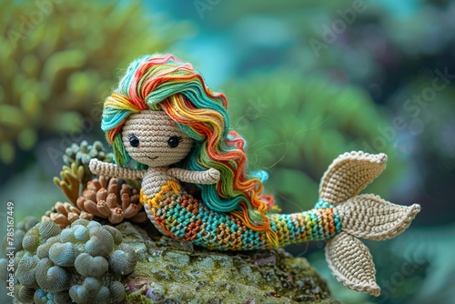 Enchanting crochet amigurumi mermaid with flowing rainbow hair, textured tail, perched on a coral rock undersea , cinematic