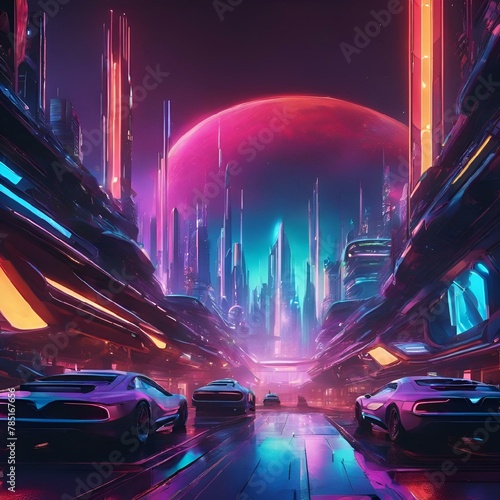 AI generated illustration of a futuristic cityscape with vibrant night lights in a future setting