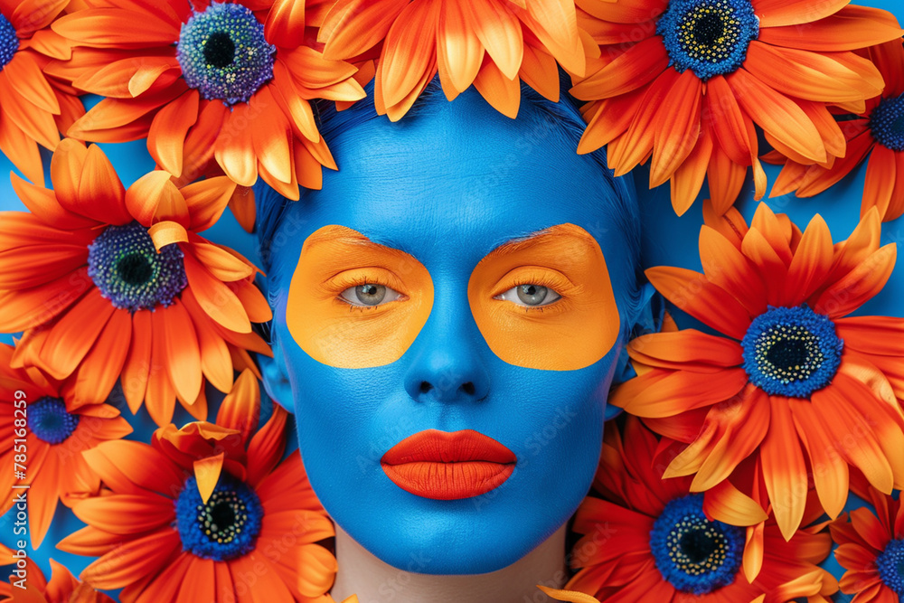 AI generated illustration of A girl with blue and yellow make-up surrounded by vibrant flowers